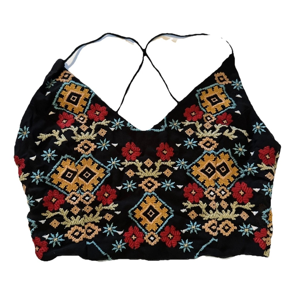Top‎ Shop Crop Top Spaghetti Strap Colorful Embroidered Black Sz 8